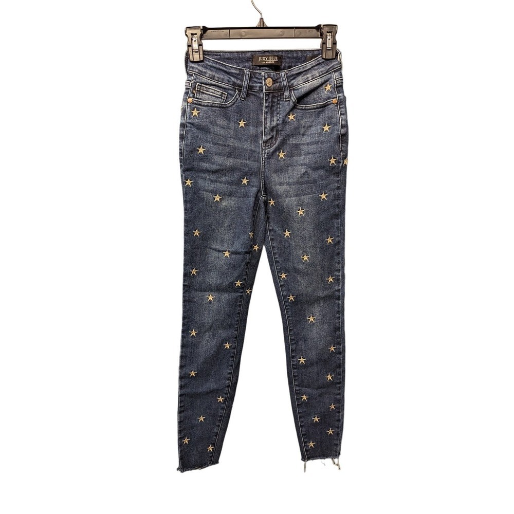 JUDY BLUE 0/24 Jeans High Waist Skinny Fit Star Embroidery Raw Hems Dark Wash